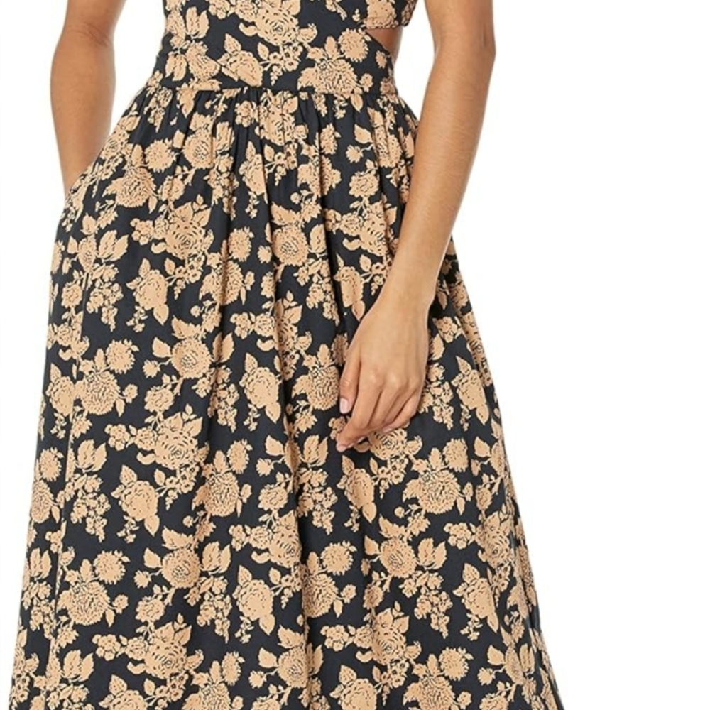 The Drop Floral Spaghetti-Strap Midi Dress in Black and Tan - Picture 3 of 10
